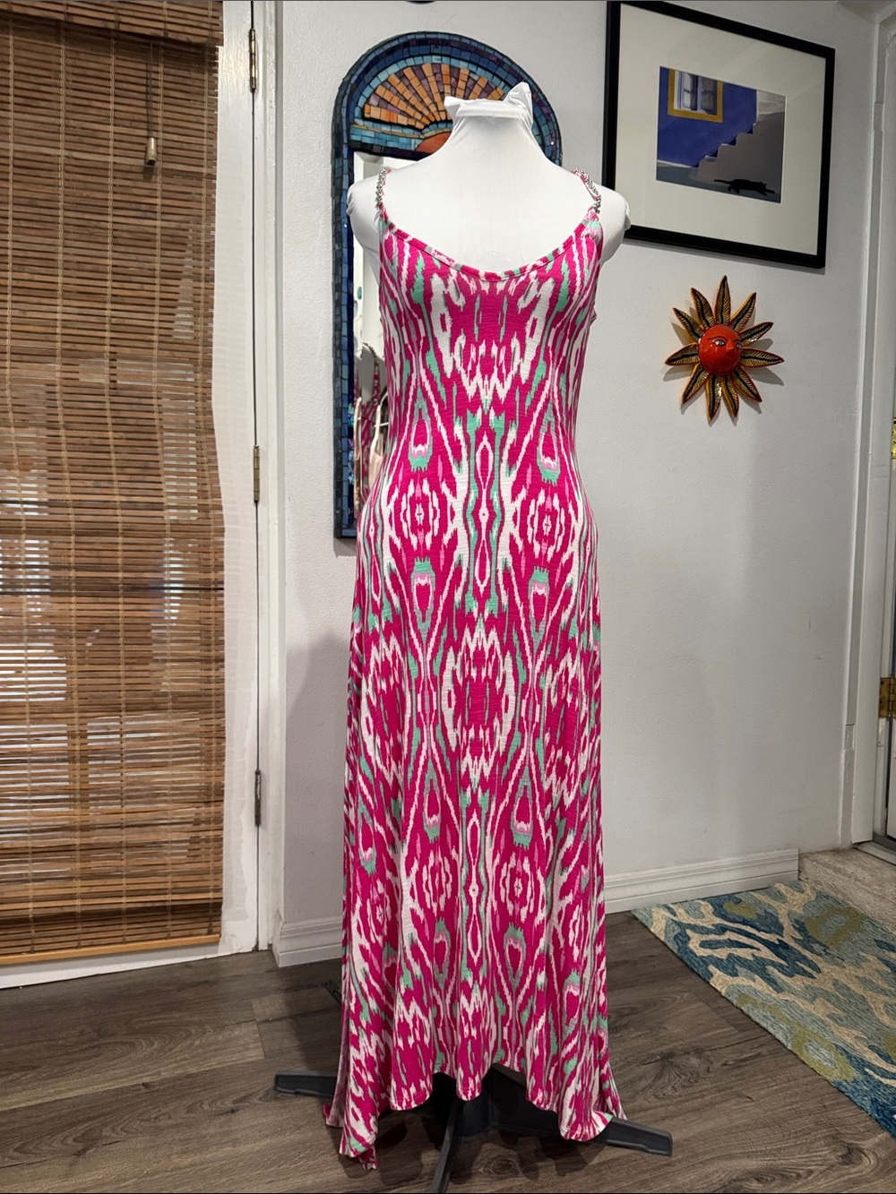 Pink Patterned Maxi Slip Dress with Adjustable Straps